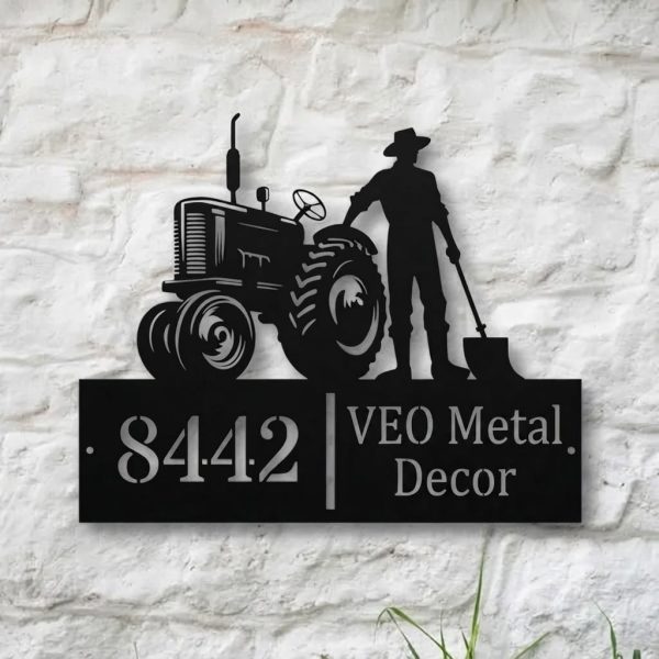 Tractor Design House Number Plate with Farmer Silhouette Tractor Design House Number Plate with Farmer Silhouette