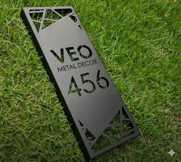 Vertical Rectangular House Number Plate with Geometric Corner Design